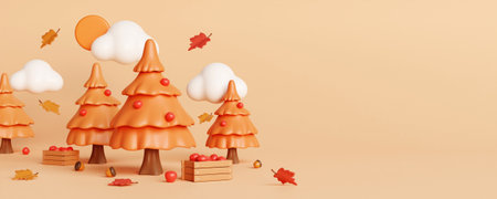 Autumn Display Background with pine tree, Autumn leaves and empty minimal podium pedestal product...