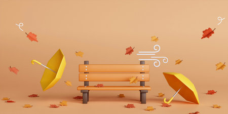 3d Autumn with fallen leaves, bench and umbrella. concept of autumn, winter and outdoors. copy space...