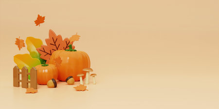 Autumn Display Background with Autumn leaves and product display. 3d render illustration.