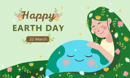 Happy Mother Earth Day - vector Planet Earth and beautiful Mother with flower. Lettering poster graphic design. Beautiful illustration. Earth Day environmental Protectionのイラスト素材