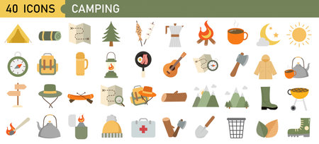 Vector set of camping equipment symbols, icons and elements. Summer hiking collectionのイラスト素材