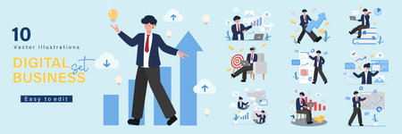 Business Concept illustrations set. Collection of scenes with men and women taking part in business activities. Vector illustrationのイラスト素材