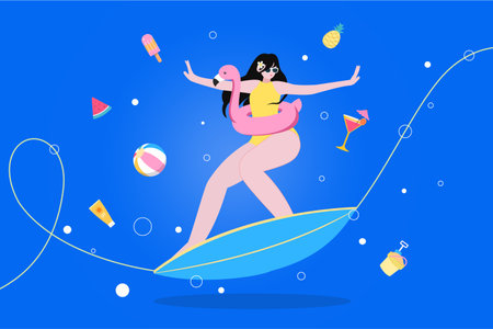 Summer vector design. woman surfing on surfboard. in sea or ocean. Bundle of happy surfers in beachwear with surfboards for relax holiday outdoor collection. Vector illustration.のイラスト素材