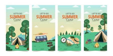 Set of promo flyers for summer camping, traveling, trip, hiking, camper, nature, journey, picnic. Vertical web banner for summer camp. Modern flat design vector.のイラスト素材
