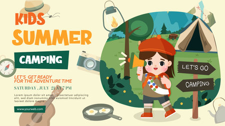 Kids summer camping. children doing activities on camping. Kids summer camp poster.のイラスト素材
