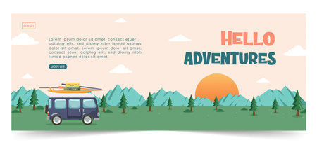 Campsite with van, tent, bonfire and outdoor picnic equipment, camper, nature, journey concept. Vector illustration for poster, banner, website.のイラスト素材