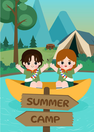 Kids summer camping. children doing activities on camping. Kids summer camp poster.のイラスト素材