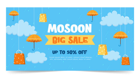 creative monsoon hanging sign vector for rainy season promotion media. Monsoon sale offer rain season background. Rainy monsoon promotion poster templateのイラスト素材