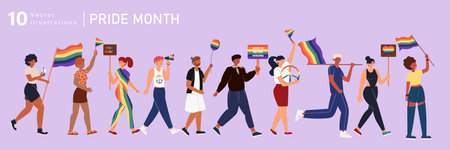 Colorful Vector Illustration Celebrate Pride Month with Diverse Characters Holding Rainbow Flags and Symbols of LGBTQ Communityのイラスト素材