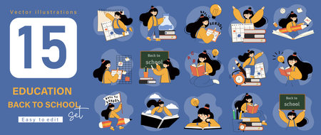 Vector Illustrations Set of Back to School Education Concepts. Featuring Students, Books, Learning Tools, and Classroom Activities. Perfect for Educational and Academic Themes. vector illustration.のイラスト素材