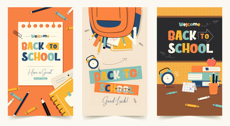 Colorful Back to School Posters with Stationery, Books, and Chalkboard - Perfect for Education and Academic Themes