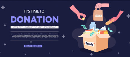 Vector Donation Poster Design with Hands Giving Items to a Donation Box for Charity and Community Supportのイラスト素材