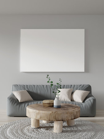 Contemporary Living Space with Sofa and Wooden Coffee Table - Stylish Decor 3D renderingの写真素材