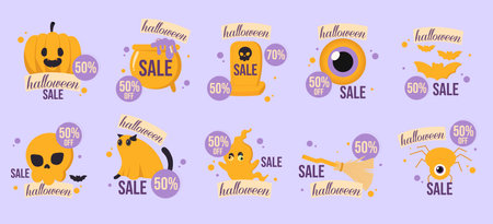 Halloween Sale Banners with Spooky Icons and Discount Tags on Purple Backgroundのイラスト素材