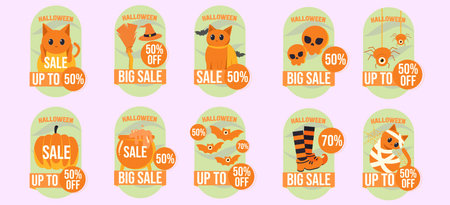 Halloween Sale with Cute Illustrations and Discount Offers for Up to percent Offのイラスト素材