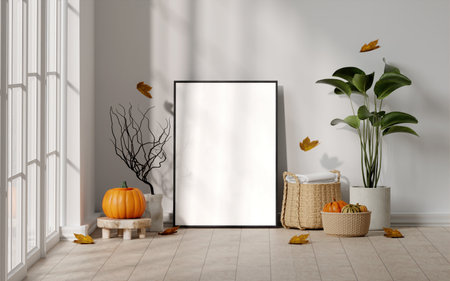 Elegant 3D Render of Minimalist Interior with Autumn Decor, Blank Frame, and Natural Lightの写真素材