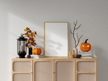 Cozy Halloween-Themed Living Room with Jack-o-Lanterns, Ghost Decoration, and Flying Bats on the Wallの写真素材
