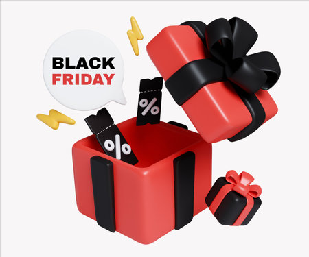 Black Friday Gift Box with Discount Tags 3D Renderの写真素材