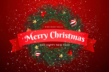 Christmas wreath with festive ribbon banner. Vector illustrationsのイラスト素材