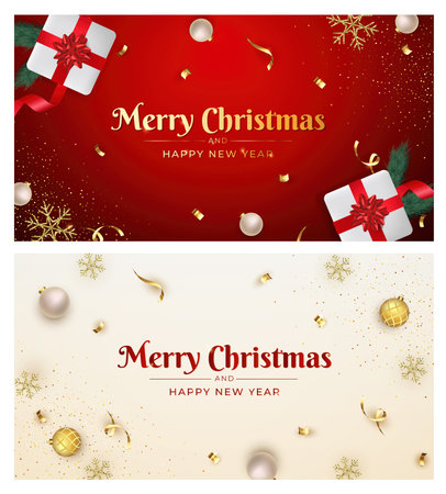 Set Merry Christmas greeting card with festive decorations. Vector illustrations.のイラスト素材