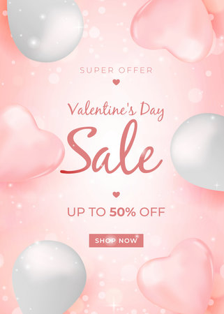 Valentines Day sale flyer with hearts and colorful balloons. Vector illustration.のイラスト素材