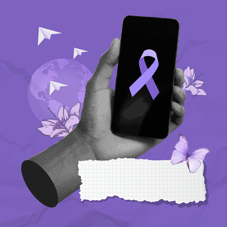 Hand holding smartphone with cancer awareness ribbon on screen for World Cancer Day, vector illustrationのイラスト素材