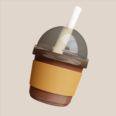 Refreshing chocolate milkshake served in a cup with a straw 3D render illustrationの写真素材
