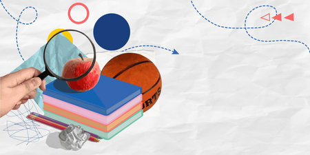 Creative collage featuring a hand with a magnifying glass over books and an apple, vector illustrationのイラスト素材