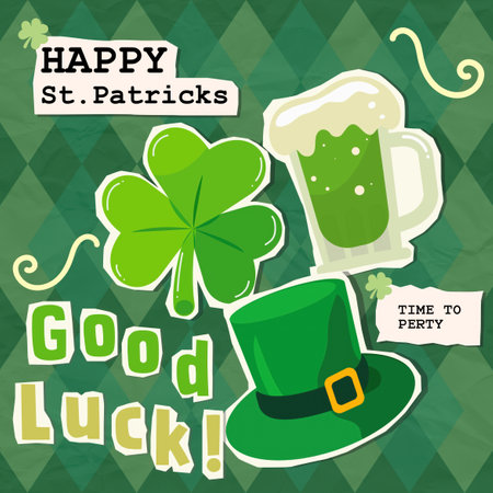 Collage of cheerful St. Patrick Day elements with clover, green beer, and hat, vector illustrationのイラスト素材