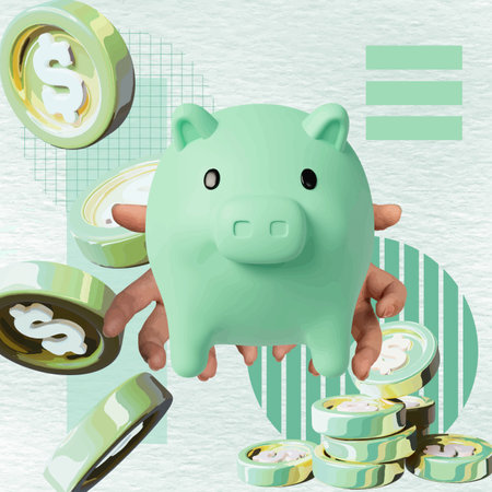 Colorful piggy bank surrounded by coins illustrating savings and financial planning in a vibrant collage, vector illustrationのイラスト素材