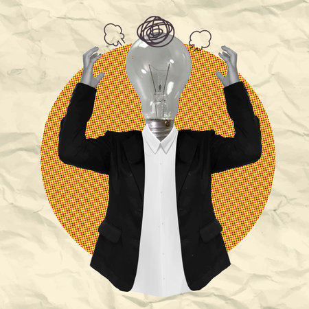Frustrated businessman with a lightbulb head expressing confusion and creativity in a quirky...