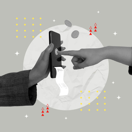 Collage of hands interacting with a mobile payment app and bill receipt, vector illustration