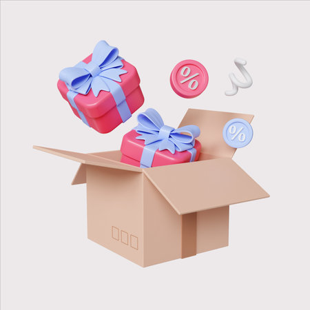 Set of colorful 3D render illustrations of gift boxes for shopping events