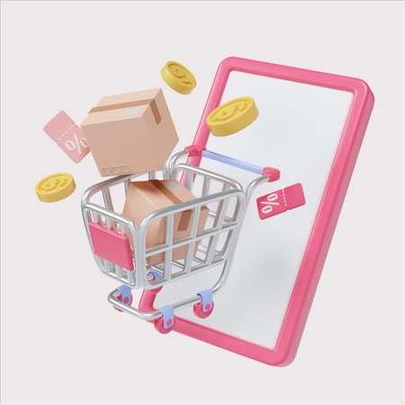 Stylish shopping cart with packages and coins emerging from a screen, 3D render illustration.