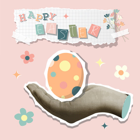 Happy Easter collage featuring a hand holding a polka dot egg, vector illustrationのイラスト素材