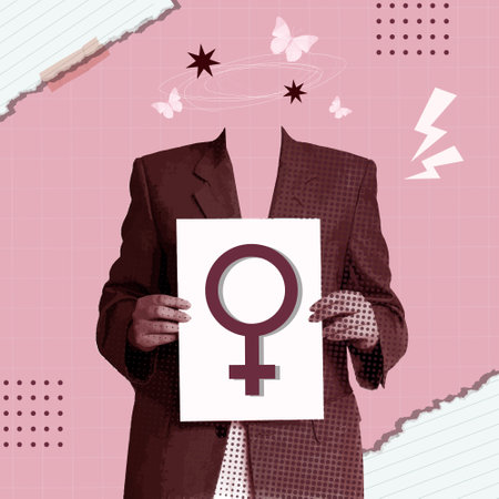 Faceless Figure Holding Feminist Symbol in Modern Collage. vector illustrationのイラスト素材