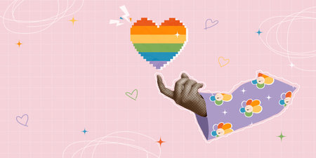 Playful hand gesture with rainbow heart emerging from a flower pattern, vector illustrationのイラスト素材