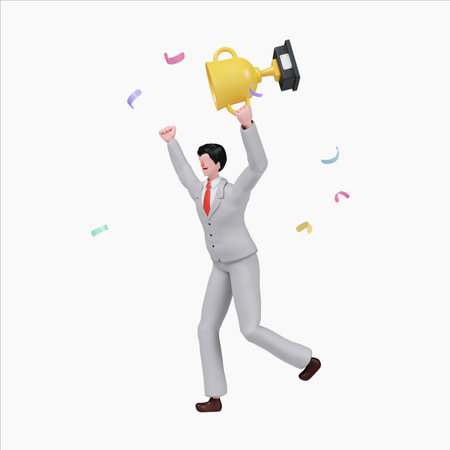 Business success celebration with a businessman holding a trophy. 3D render illustration