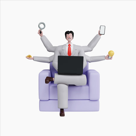 Business multitasking concept with a character juggling responsibilities while sitting. 3D render illustrationの写真素材