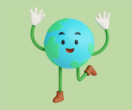 Eco-friendly Earth character promoting environmental awareness and joy. 3D render illustrationの写真素材