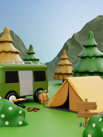 Camping setup with van and tent in a mountainous landscape. 3D render illustrationの写真素材