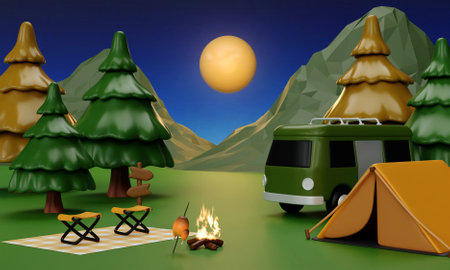 Camping exploration under a brilliant sun with gear and campfire. 3D render illustrationの写真素材