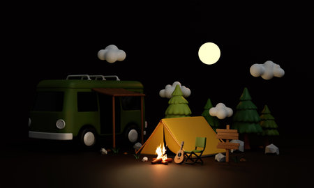Camping experience with tent and van under the moonlight. 3D render illustrationの写真素材