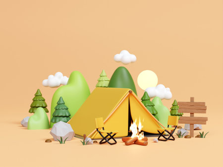 Camping adventure scene with a cheerful tent and campfire. 3D render illustrationの写真素材