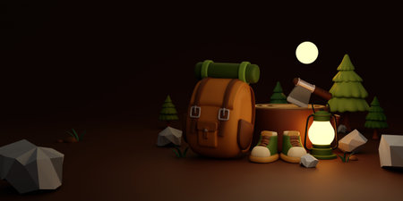 Camping atmosphere 3D render illustration with gear and lanternの写真素材