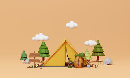 Camping adventure with a tent and nature elements. 3D render illustrationの写真素材