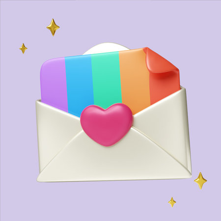 Pride celebration envelope with colorful hearts. 3D render illustrationの写真素材