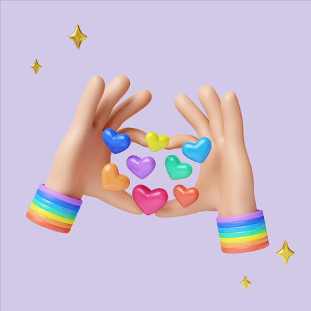 Pride hands holding colorful hearts. 3D render illustration
