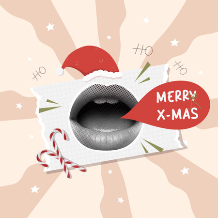 Festive messaging with Merry X-mas lips and decorative elements. Vector illustrationのイラスト素材