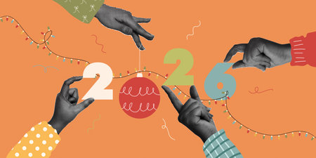 Playful New Year celebration featuring hands and numbers 2026. Vector illustrationのイラスト素材